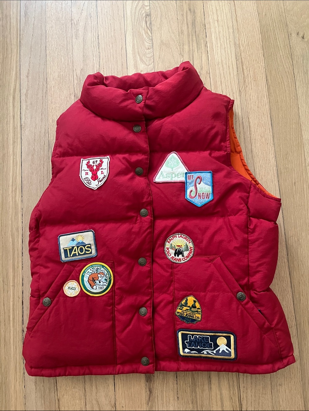 Polo Ralph Lauren Medium Red Reversible Puffer Vest Ski Patches Outdoor 90s